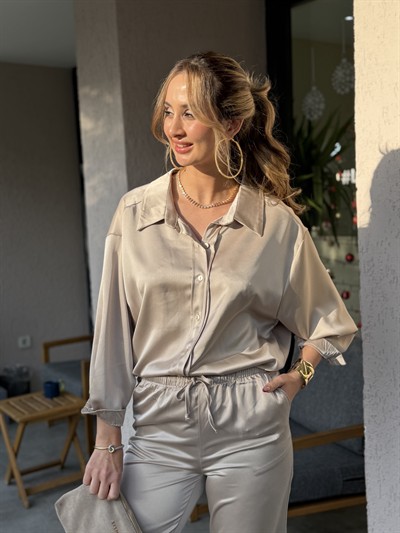 Polly Saten Gömlek Pantolon Takım Taş 