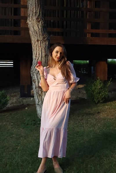 Racky Sırt Dekolteli Balon Kol Elbise Pembe 