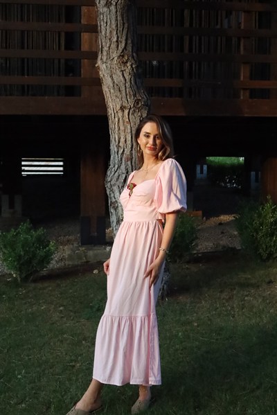 Racky Sırt Dekolteli Balon Kol Elbise Pembe 