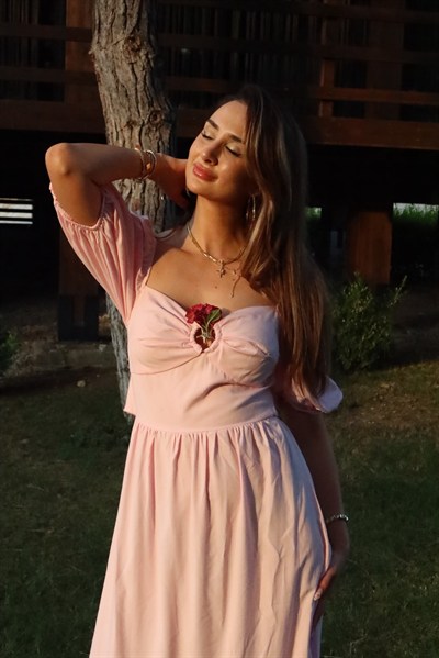 Racky Sırt Dekolteli Balon Kol Elbise Pembe 