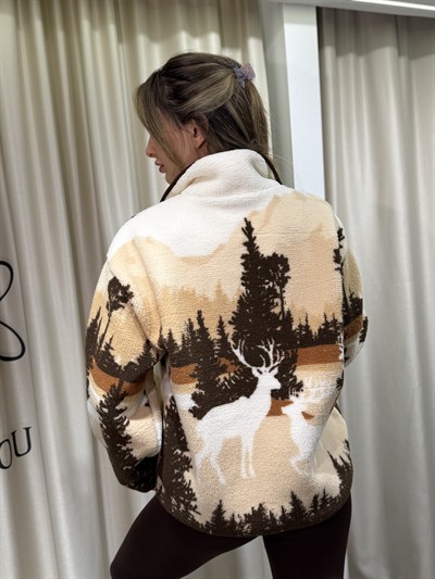 Rex Geyikli Peluş sweatshirt Kahverengi-Ekru