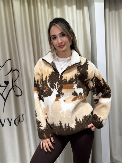 Rex Geyikli Peluş sweatshirt Kahverengi-Ekru