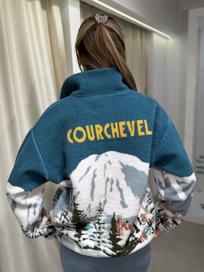 Rex Peluş Arkası Yazılı Sweatshirt Mavi-Ekru