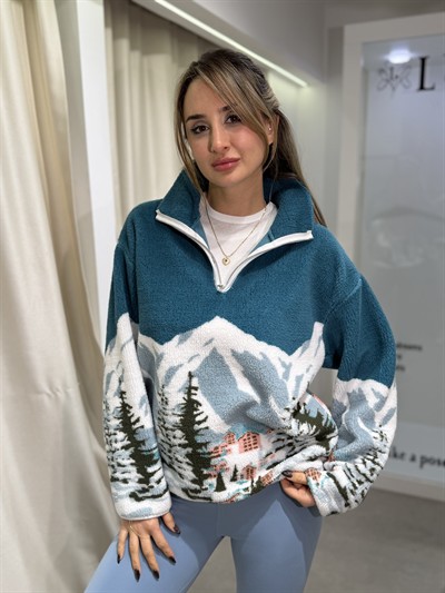 Rex Peluş Arkası Yazılı Sweatshirt Mavi-Ekru