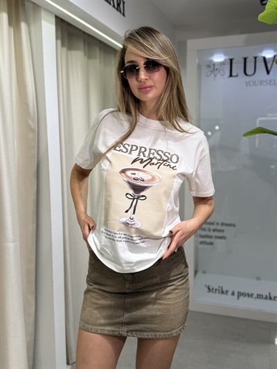 Sahra Baskılı T-shirt Ekru-Kahverengi