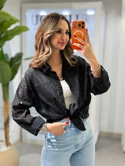 Star Taşlı Gömlek Siyah
