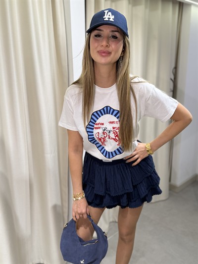 Yuppo Mavi Baskılı T-Shirt Mavi-Ekru