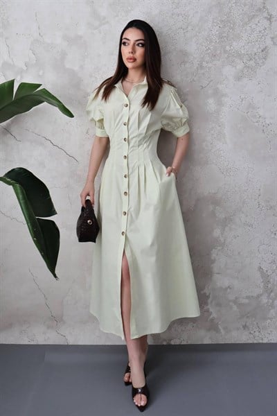 Mint Pileli Poplin Elbise