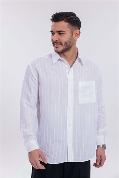 Oversize Çizgili Modal Gömlek Beyaz