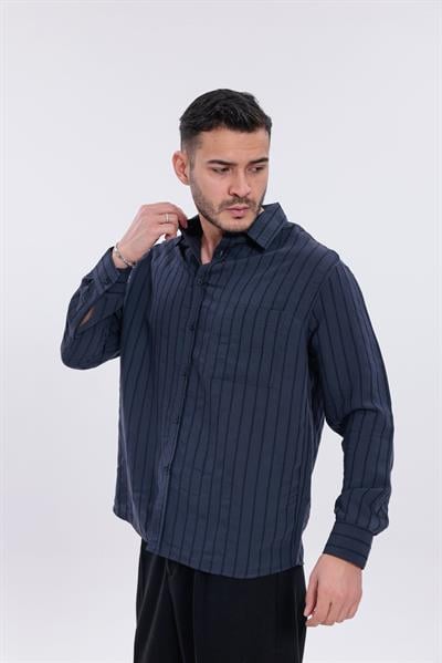 Oversize Çizgili Modal Gömlek Lacivert