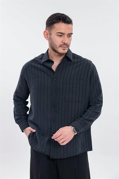 Oversize Çizgili Modal Gömlek Siyah