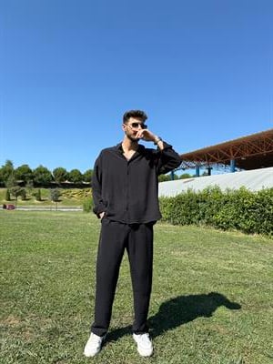 Oversize Yırtmaçlı Ayrobin Gömlek Siyah