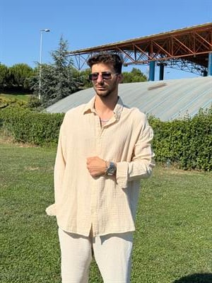 Oversize Yırtmaçlı Müslin Gömlek Bej