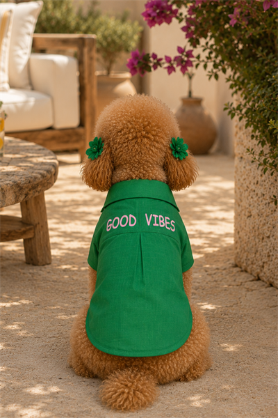 Salya Store Good Vibes- Yeşil Keten Yazlık Köpek Gömleği Küçük Irklar 0-15kg Kk-131