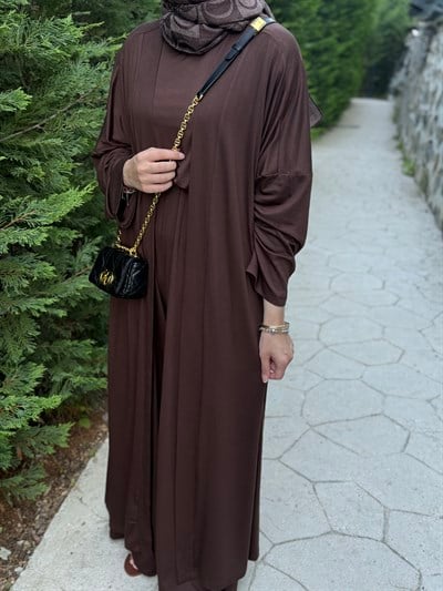 Üçlü Rahat Abaya Takım Kahverengi