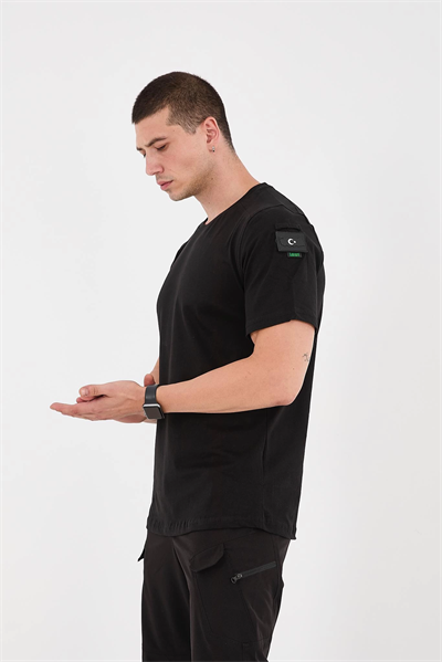 Battal Siyah Bisiklet Yaka Taktikal T-shirt