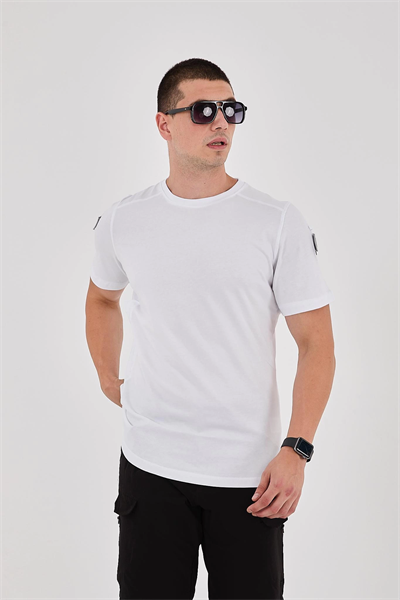 Beyaz Bisiklet Yaka Taktikal T-shirt