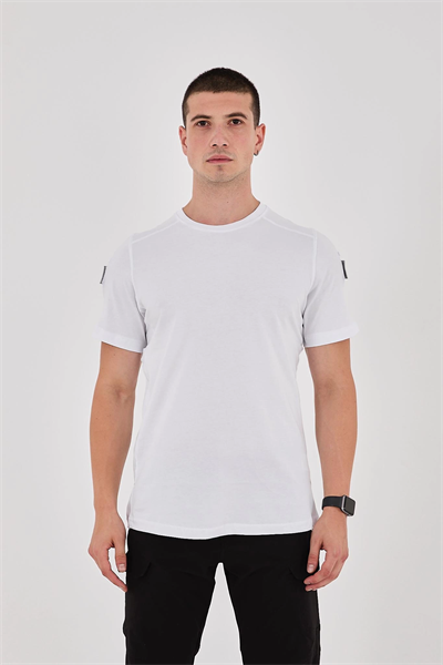 Beyaz Bisiklet Yaka Taktikal T-shirt