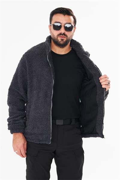 İSSİ İçi Astarlı Antrasit Peluş Hırka
