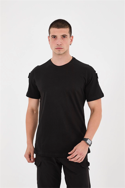 Siyah Bisiklet Yaka Taktikal T-shirt