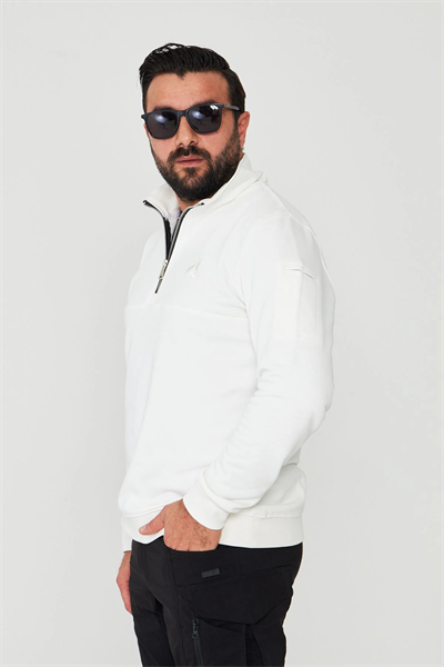 Yarım Fermuarlı %100 Pamuk Sweat Beyaz
