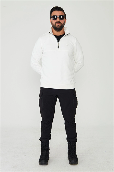 Yarım Fermuarlı %100 Pamuk Sweat Beyaz