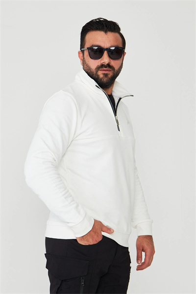 Yarım Fermuarlı %100 Pamuk Sweat Beyaz
