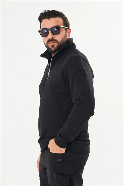 Yarım Fermuarlı %100 Pamuk Sweat Siyah