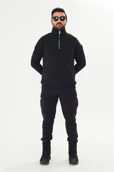 Yarım Fermuarlı %100 Pamuk Sweat Siyah