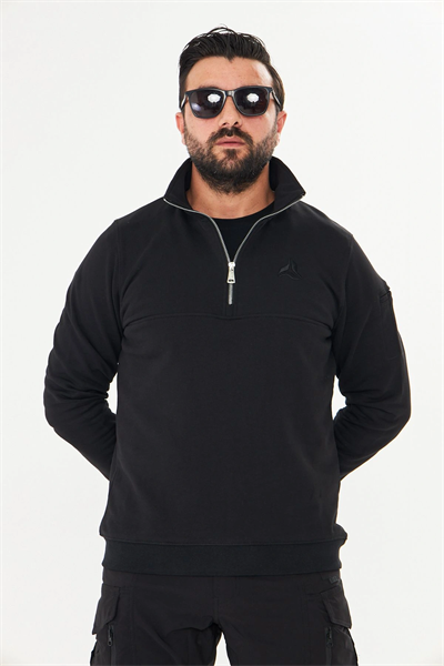 Yarım Fermuarlı %100 Pamuk Sweat Siyah