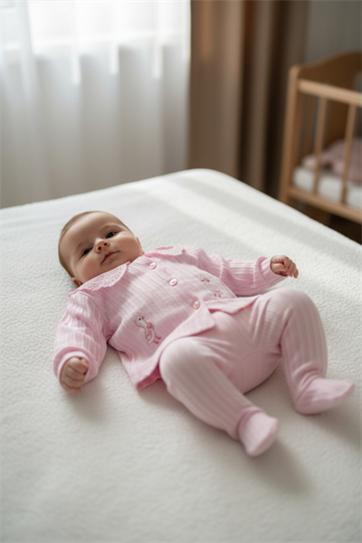 Bebek Kız 4’lü Takım – Dantelli Üst, Patikli Alt, Önlük ve Eldiven