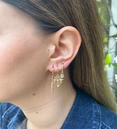 Kadın Gold Renkli 3'lü Çelik Küpe Seti – Zincir, Geometrik Figür