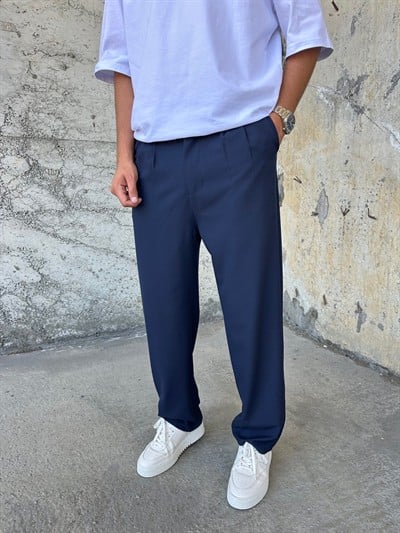 Pileli Rahat Kesim Yüksek Bel Lacivert Baggy Pantolon
