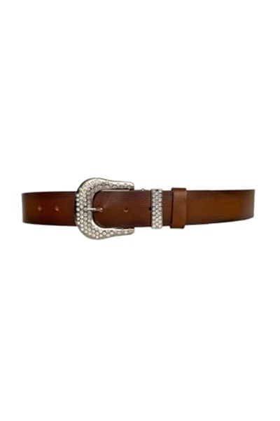 %100 Hakiki Deri, Gümüş Taşlı Tokalı, Metal Taşlı Köprülü Kahverengi Kadın Kot Kemeri 4 cm; Kahve-byn-66
