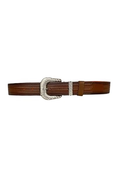 %100 Hakiki Deri, Gümüş Taşlı Tokalı, Metal Taşlı Köprülü Kahverengi Kadın Kot Kemeri 4 cm; ToSado.-ORGULU-byn-66