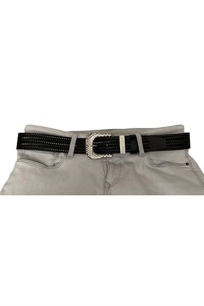 %100 Hakiki Deri, Gümüş Taşlı Tokalı, Metal Taşlı Köprülü Siyah Kadın Kot Kemeri 4 cm; Siyah.-ORGULU-byn-66