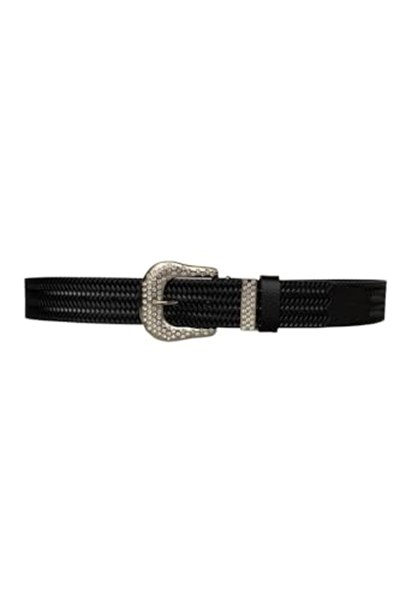 %100 Hakiki Deri, Gümüş Taşlı Tokalı, Metal Taşlı Köprülü Siyah Kadın Kot Kemeri 4 cm; Siyah.-ORGULU-byn-66