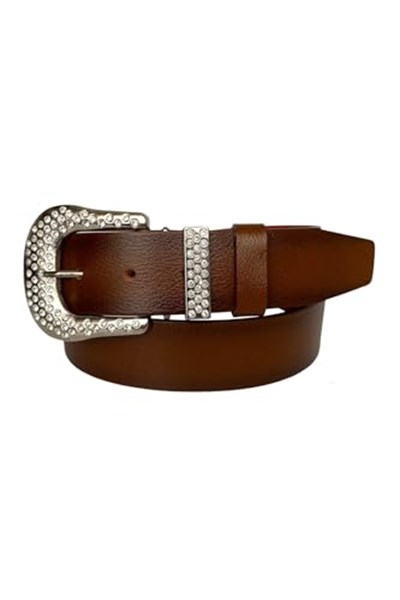 %100 Hakiki Deri, Gümüş Taşlı Tokalı, Metal Taşlı Köprülü Kahverengi Kadın Kot Kemeri 4 cm; Kahve-byn-66