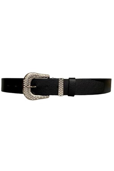 %100 Hakiki Deri, Gümüş Taşlı Tokalı, Metal Taşlı Köprülü Siyah Kadın Kot Kemeri 4 cm; Siyah-DUZ-İYİ-byn-66