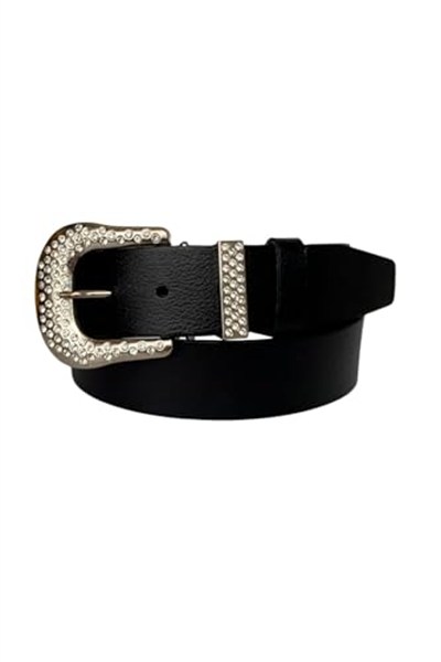 %100 Hakiki Deri, Gümüş Taşlı Tokalı, Metal Taşlı Köprülü Siyah Kadın Kot Kemeri 4 cm; Siyah-DUZ-İYİ-byn-66