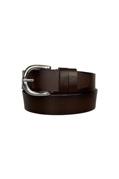 %100 Hakiki Deri, Gümüş Tokalı Koyu Kahverengi Kadın Kot, Spor Kemer 4 cm; KoKa-byn-45
