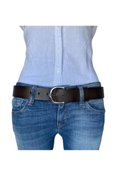 %100 Hakiki Deri, Gümüş Tokalı Koyu Kahverengi Kadın Kot, Spor Kemer 4 cm; KoKa-byn-45