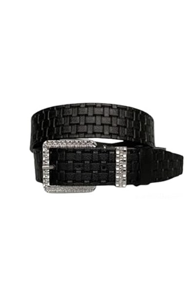 %100 Hakiki Deri, Gümüş Tokalı, Metal Köprülü Siyah Desenli Kadın Kot Kemeri 4 cm; Siykare-byn-62