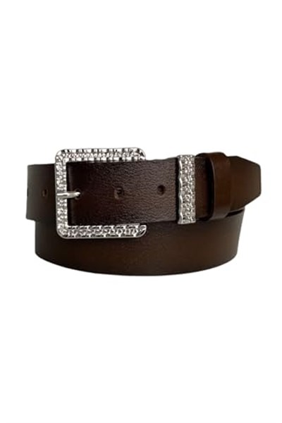 %100 Hakiki Deri, Gümüş Tokalı, Metal Köprülü Koyu Kahverengi Kadın Kot Kemeri 4 cm; KoKa-byn-62