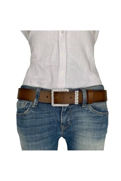 %100 Hakiki Deri, Gümüş Tokalı, Metal Köprülü Tosado Kadın Kot Kemeri 4 cm; Kahve-byn-62
