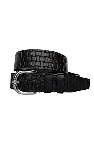 %100 Hakiki Deri, Gümüş Tokalı Siyah Desenli Kadın Kot, Spor Kemer 4 cm; Siykare-byn-45
