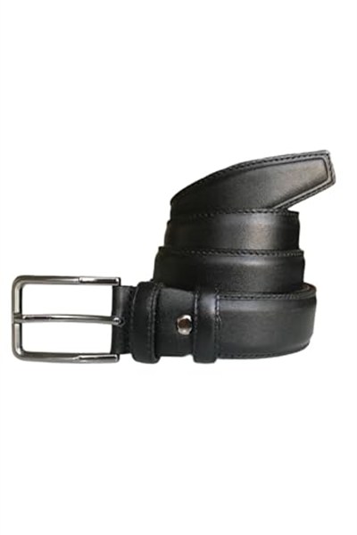 %100 Hakiki Kaliteli Deri, Kenarları Dikişli Siyah Klasik Kumaş Pantolon Kemeri 3,5 cm, Go-Dk-KLA-05