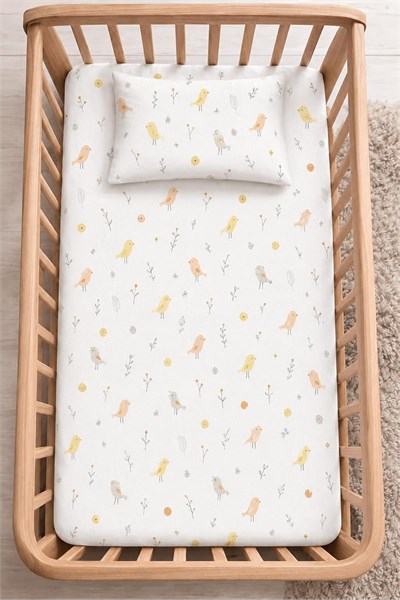 %100 Pamuk Lastikli Bebek Çarşafı + Yastık Kılıfı | Park Yatak 60x120 70x110 70x120 Uyumlu - Seçenekler: KUŞ, ATLIKARINCA MAVİ, ATLIKARINCA PEMBE, AYICIK, BULUT...