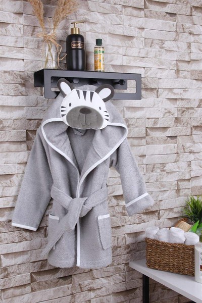 %100 Pamuklu Kaplan Nakışlı Çocuk Bornozu 10-12 Yaş