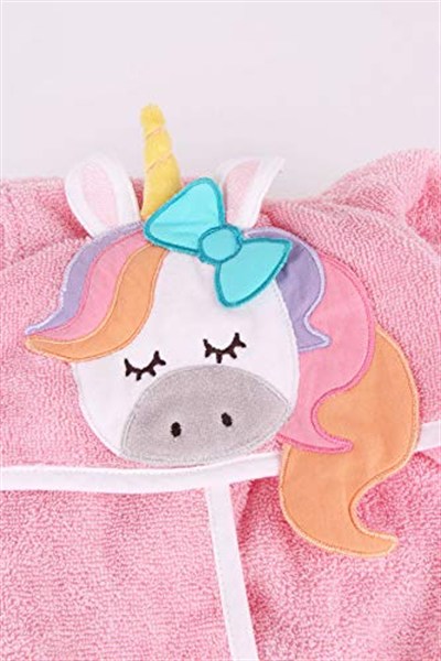 %100 Pamuklu Unicornlu Çocuk Bornozu PEMBE 6-8 Yaş